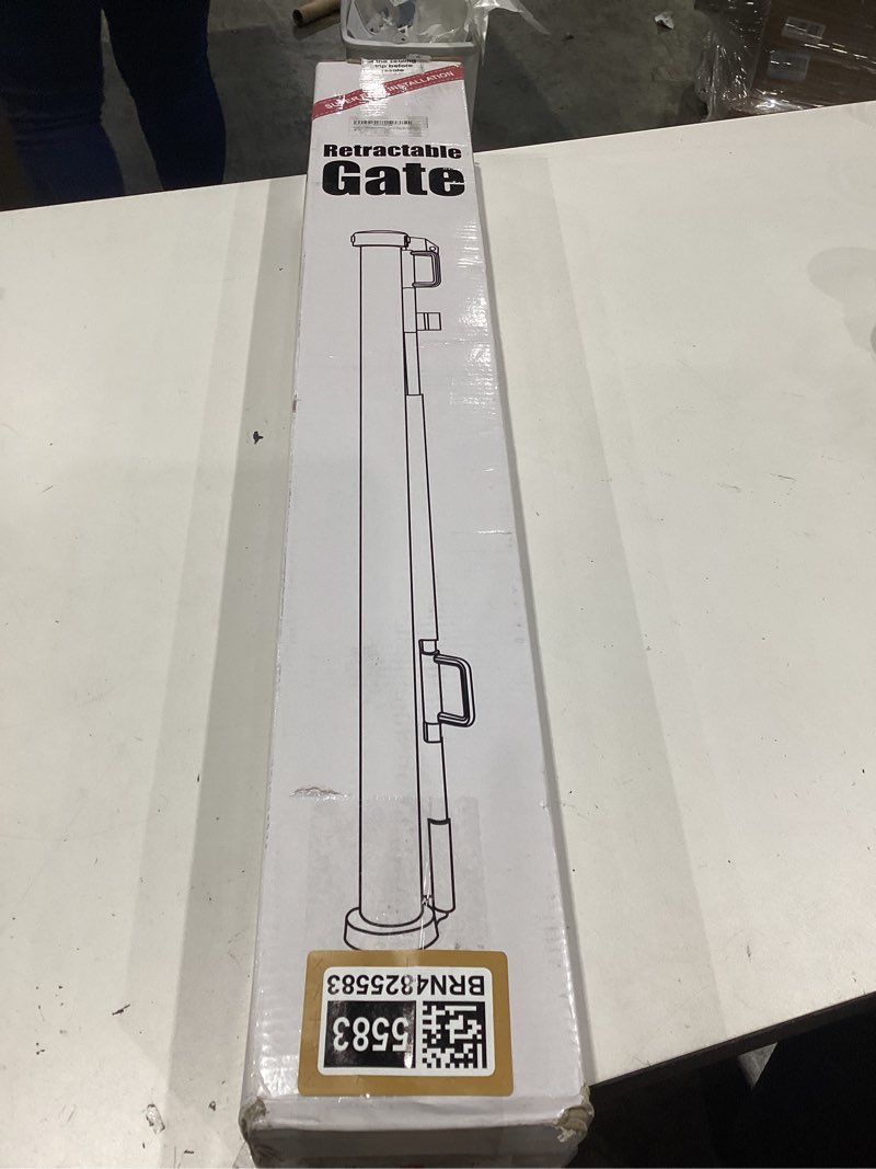 Condition photo showing New/Like New for reinforced 28 inch tall retractable baby gates for dogs, easy step over pet gate with support rods, 55" wide retractable dog gate, puppy gates for the house short dog gate for stairs, doorways, white