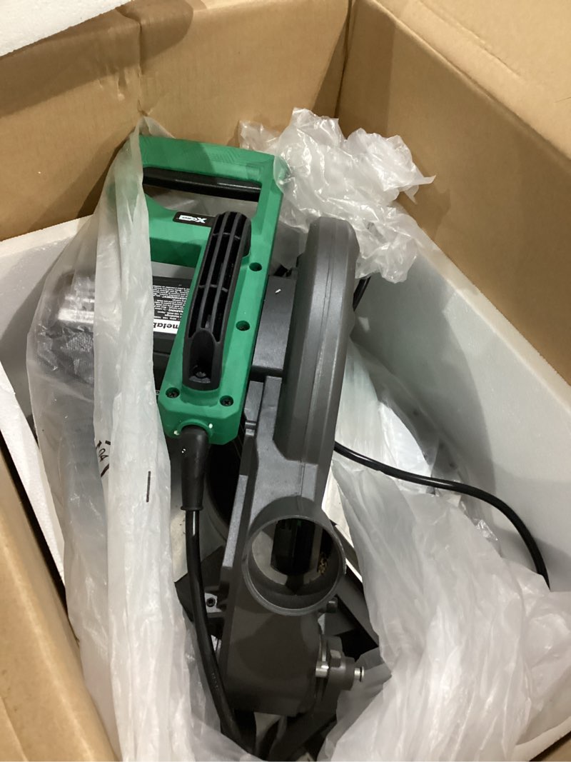 Condition photo showing As Is for metabo hpt 10-inch single bevel compound miter saw, 15-amp power saw with xact cut shadow line, single bevel 0-45°, 40t tct miter saw blade, c10fcg2