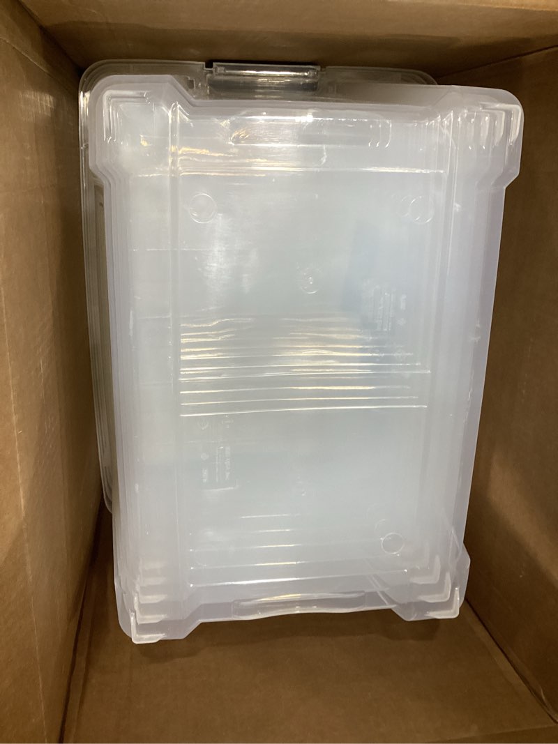 Condition photo showing As Is for IRIS USA 6-Pack 54 Quart Stackable Storage Bins with Lids [Made in USA] - Everyday Organizer Latching Clear Plastic Organization Containers Closet Bedroom Shelving Units Home Storage - Clear/White Clear 54 Qt CLR 6 Pack