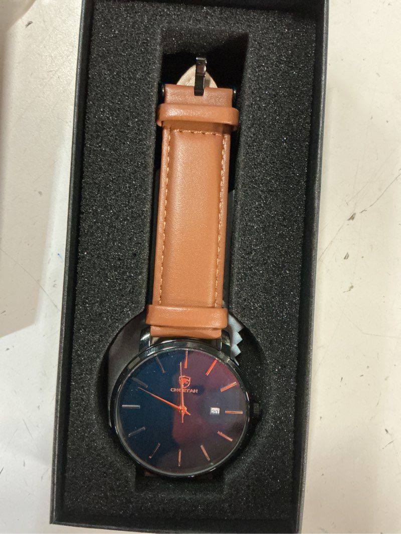 Condition photo showing New/Like New for cheetah minimalist waterproof quartz watches for men with leather strap, auto date brown/black/blue