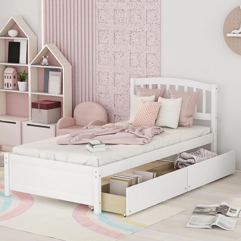 (Incomplete))Full Storage Bed with Headboard, Solid Wood Bed Frame with Two Drawers (White,
