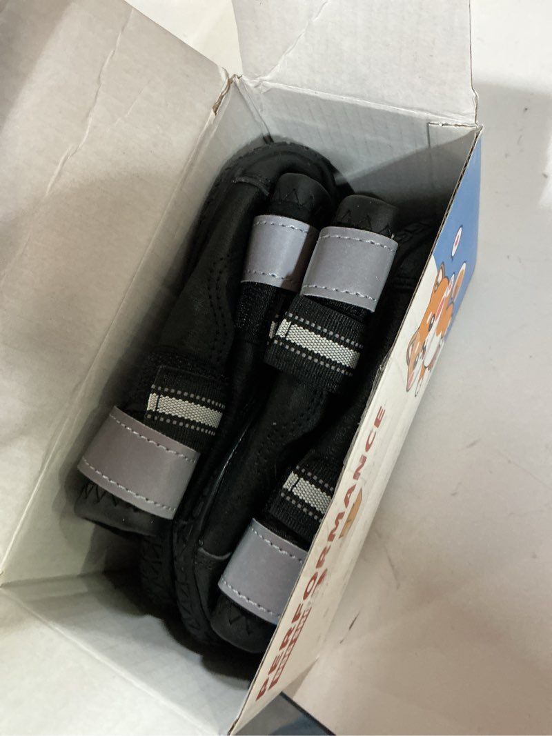 Condition photo showing Good Condition for qumy dog shoes for large dogs, medium dog boots & paw protectors for winter snowy day, summer hot pavement, water-resistant in rainy weather, outdoor walking, indoor hardfloors skid-resistant sole black size 6: 2.6''x3.0''(w*l) (pack of 4)