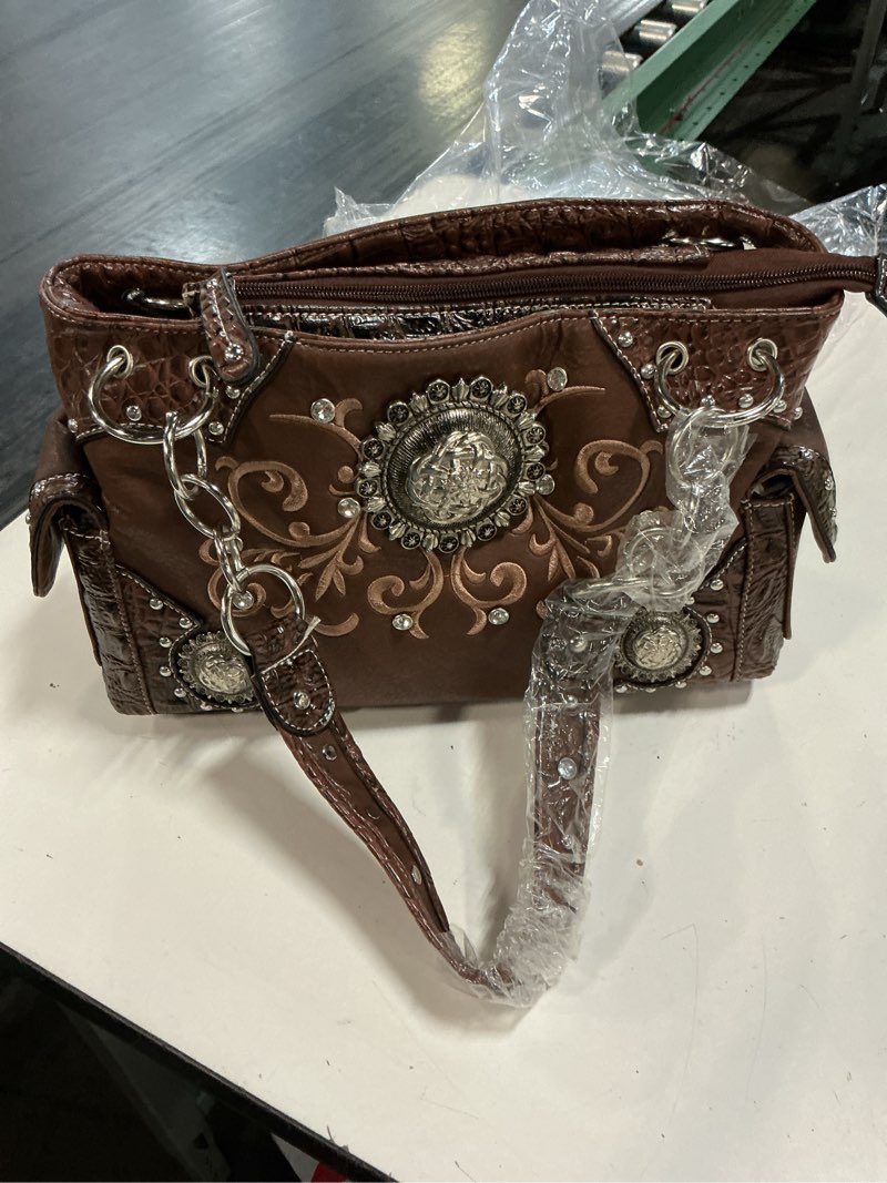 Condition photo showing Good Condition for western conch with rhinestone embellishments shoulder bag in brown