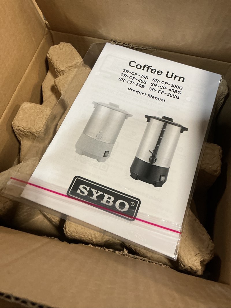 Condition photo showing New/Like New for SYBO 45Cup Coffee Urn, Commercial Grade Stainless Steel Percolate Coffee Maker, Removable Filter, Easy to Clean, Hot Water Urn for Catering, Hot Beverage Dispenser with Cool-Touch Handles, 6L, Grey 45Cup Grey