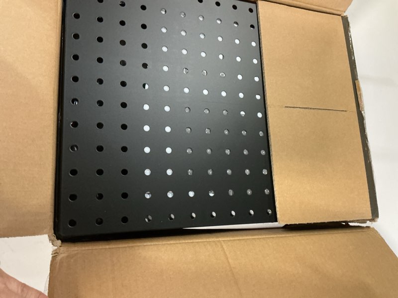 Condition photo showing New/Like New for Peg Board, 4 Pack Metal Pegboard Panels with 50 Hooks, Black Pegboards Wall Organizer, Heavy Duty Peg Board for Walls Home, Garage Tool Storage, Office Organization, Craft Room, Kitchen Black 16x12"- 4 Pcs