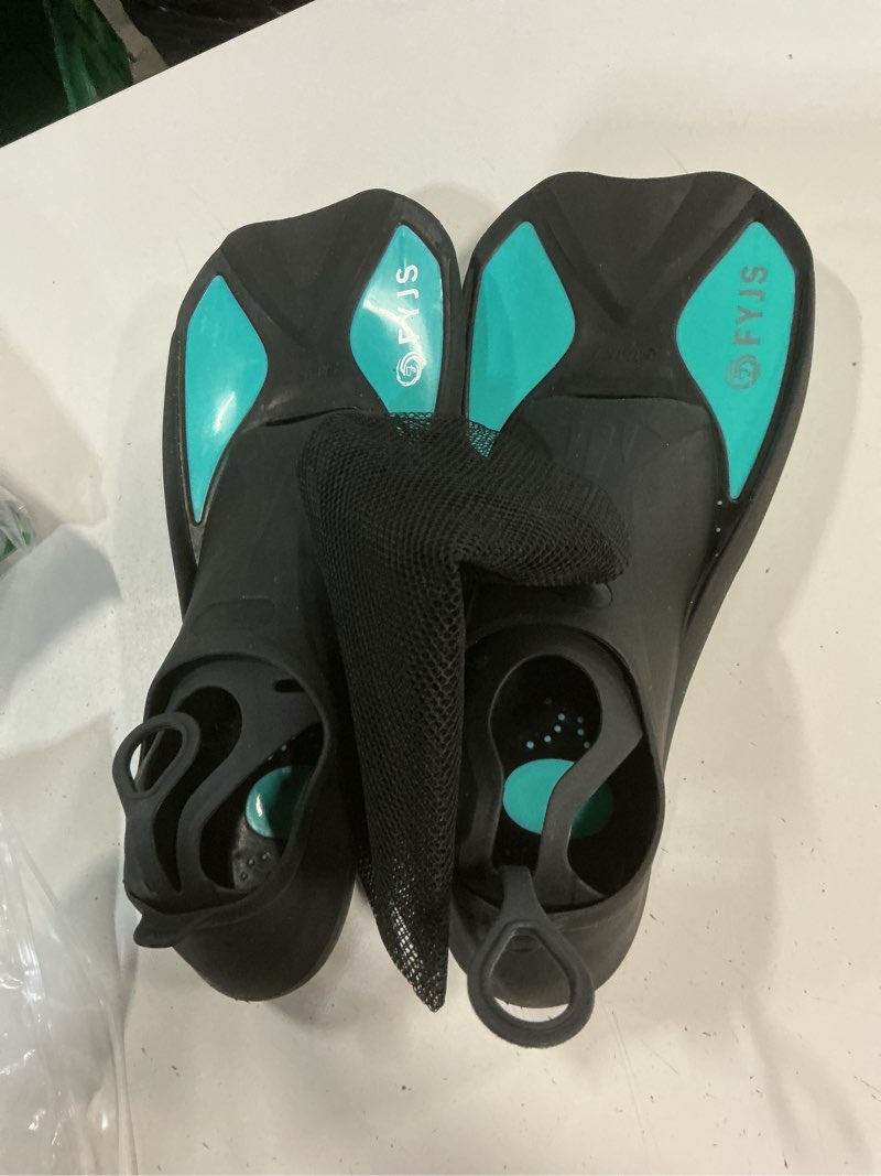 Condition photo showing As Is for fyjs short swim fins with comfortable full foot pocket travel-size for snorkeling and scuba diving green medium