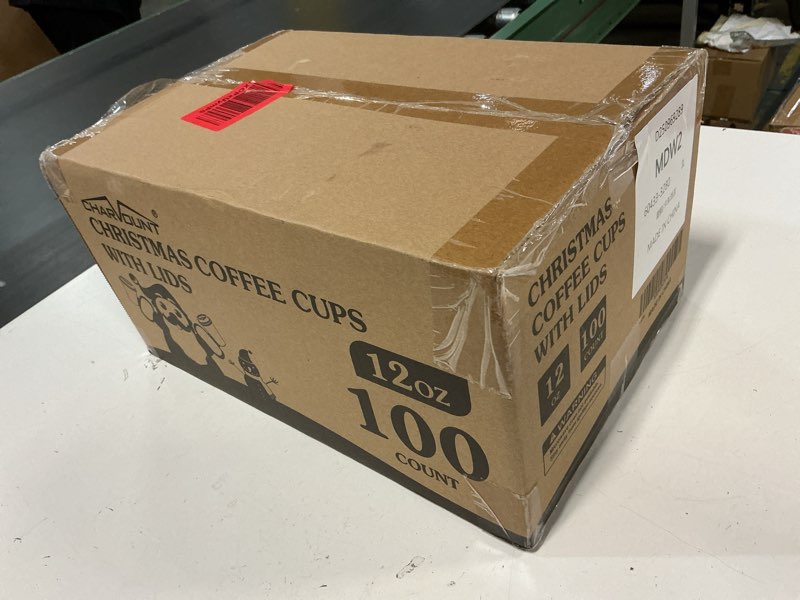 Condition photo showing New/Like New for Charmount 100Pcs 12 Oz Christmas Disposable Paper Coffee Cups with Lids, To Go Coffee Cups for Hot Chocolate, Cocoa, Hot Tea, Drinks and Christmas Party and Coffee Bars Decoration Supplies 12oz-Christmas