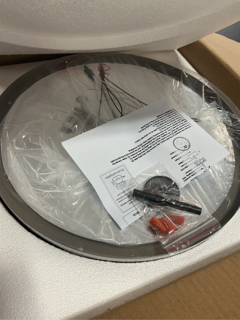 Condition photo showing Good Condition for 16 inch farmhouse flush mount ceiling light with seeded glass, 3-light wood grain round ceiling lamp, modern large indoor outdoor ceiling lighting for kitchen bedroom living dining room