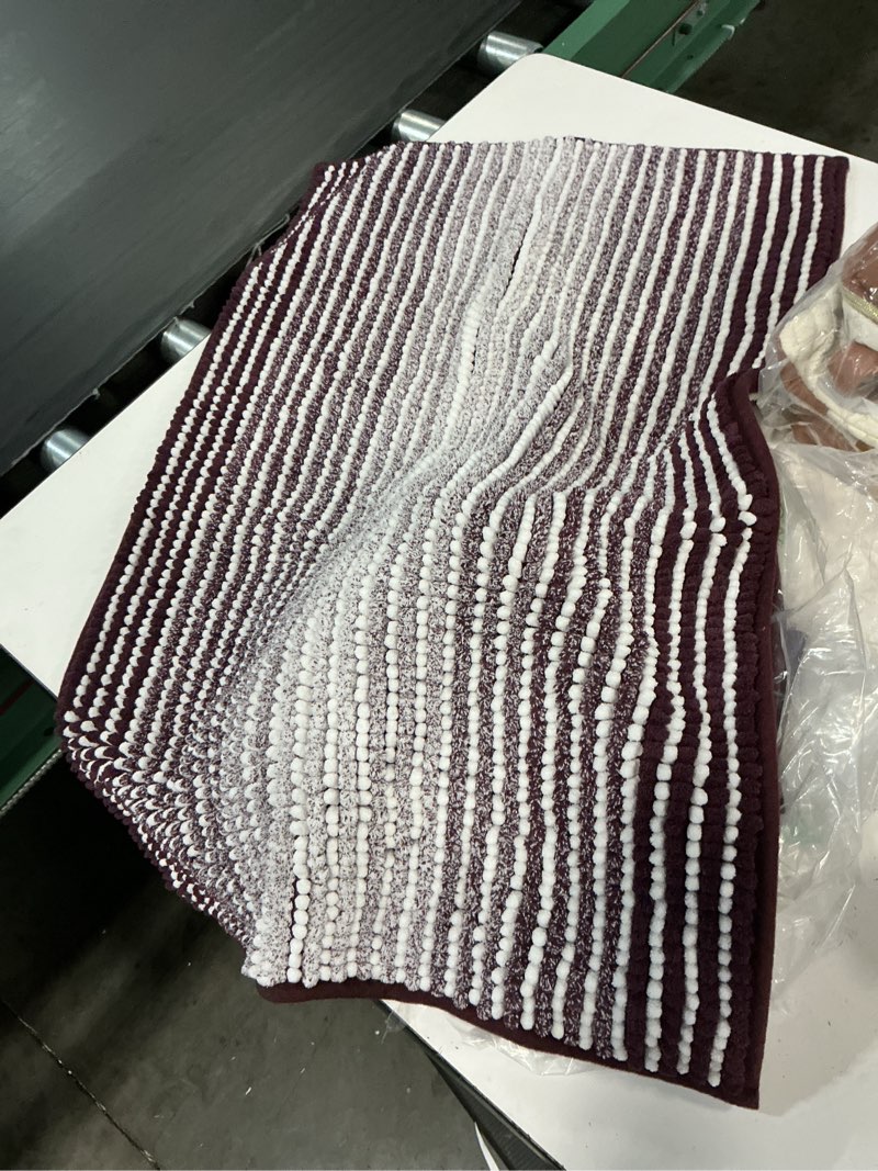 Condition photo showing As Is for bsicpro bathroom rugs and mats sets, 2 piece thick absorbent chenille bath mat rug set non slip, soft shaggy bath room floor mats for bathroom, machine washable (mauve wine, 20" x 32" plus 16" x 24") 20" x 32" plus 16" x 24" mauve wine