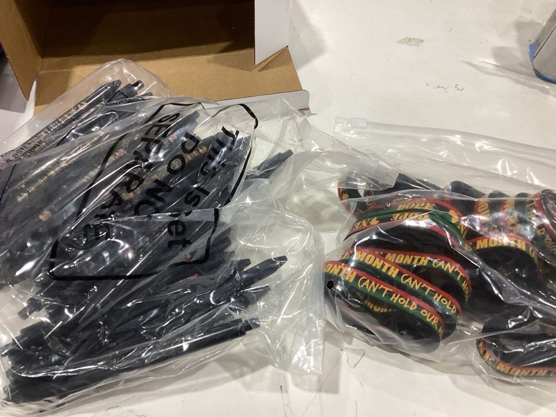 Condition photo showing New/Like New for Cholemy 150 Pcs Black History Month Party Favors Pens with Silicone Bracelets Rubber Wristbands Blac