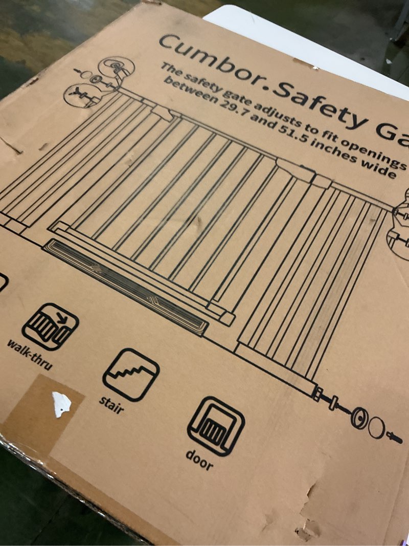 Condition photo showing New/Like New for Cumbor 29.7"–51.5" Extra Wide Baby Gate for Stairs, Pressure-Mounted Dog Gates for Doorways & Hallways, Auto-Close Walk-Through, No-Trip Design, Child Proof Safety, Dog/Pet Gate for Indoor Use, Brown Brown 29.7-51.5"W x 30.5"H