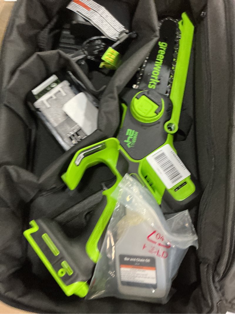 Condition photo showing Good Condition for greenworks 24v 6" mini chainsaw cordless , small cordless handheld saw, 2.0ah battery and charger included, for tree trimming and pruning chainsaw 6in 2ah