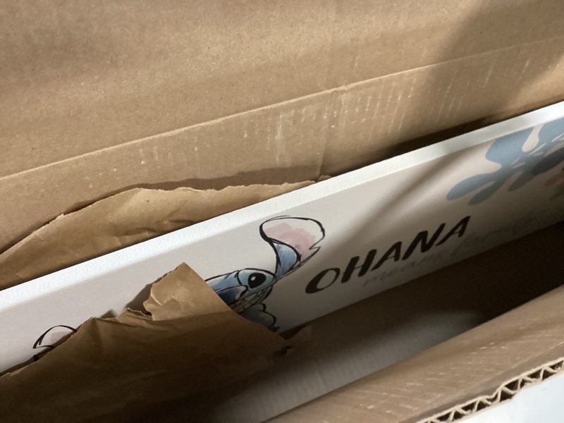 Condition photo showing As Is for Open Road Brands Disney Lilo and Stitch Ohana Means Family Tropical Wood Wall Decor - Large Stitch Wall Art for Home Decorating Light Blue