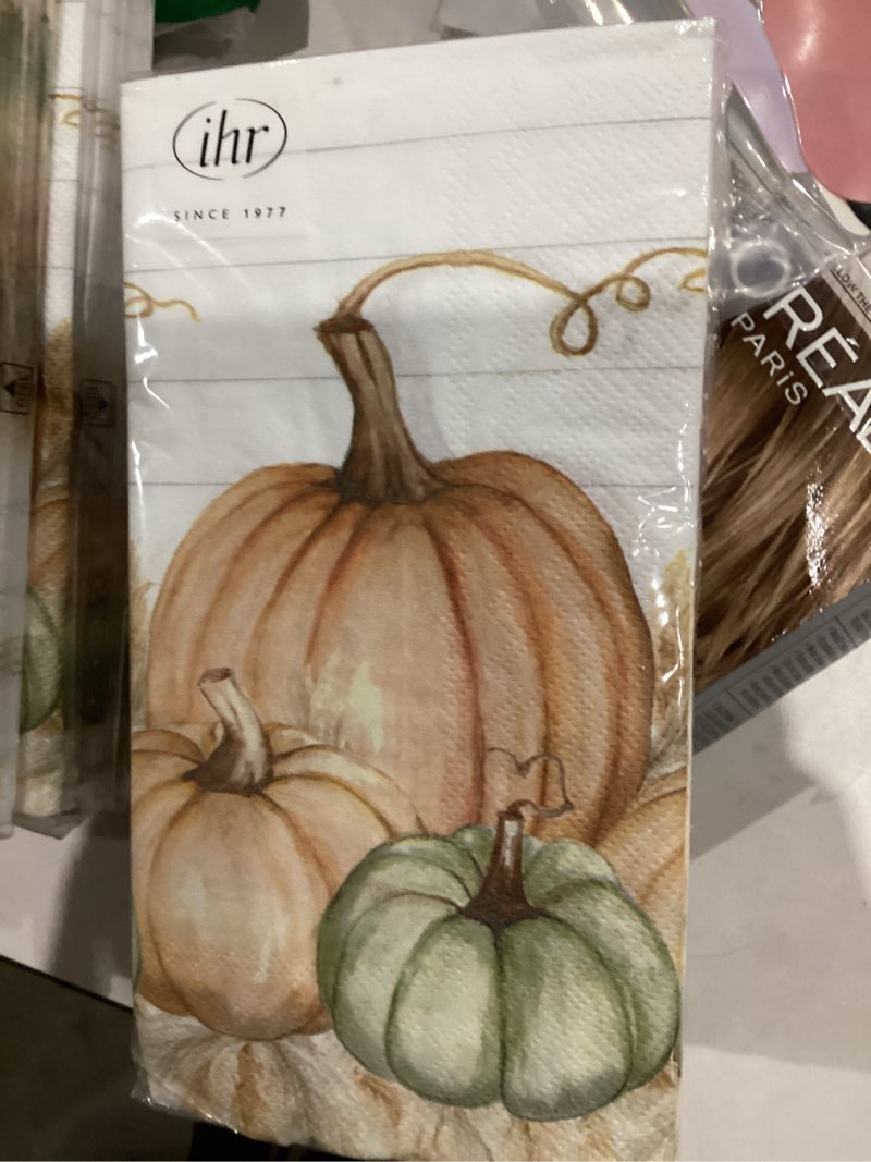 Condition photo showing New/Like New for IHR Ideal Home Range Dinner Napkins Disposable 3-Ply Paper Hand Towels, 8.5" x 4.5", Pumpkin Trio, 16-Count