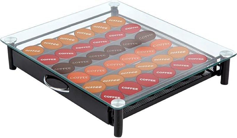 Restaurantware Restpresso 14.4 x 12.3 x 2.8 Inch Coffee Capsule Drawer, 1 Heavy-Duty Pod Drawer - Holds 36 Caffitaly Or Lavazza Capsules, Glass Top, Iron Espresso Pod Organizer, Pods Not Included -