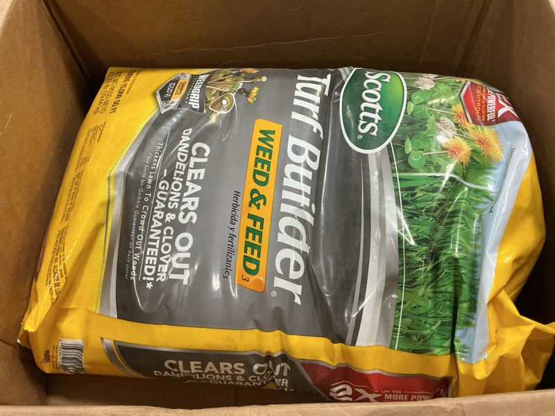 Condition photo showing New/Like New for scotts turf builder weed and feed3 - weed killer plus lawn fertilizer, controls dandelion and clover, grass fertilizer for up to 15,000 sq. ft., 42.87 lbs.