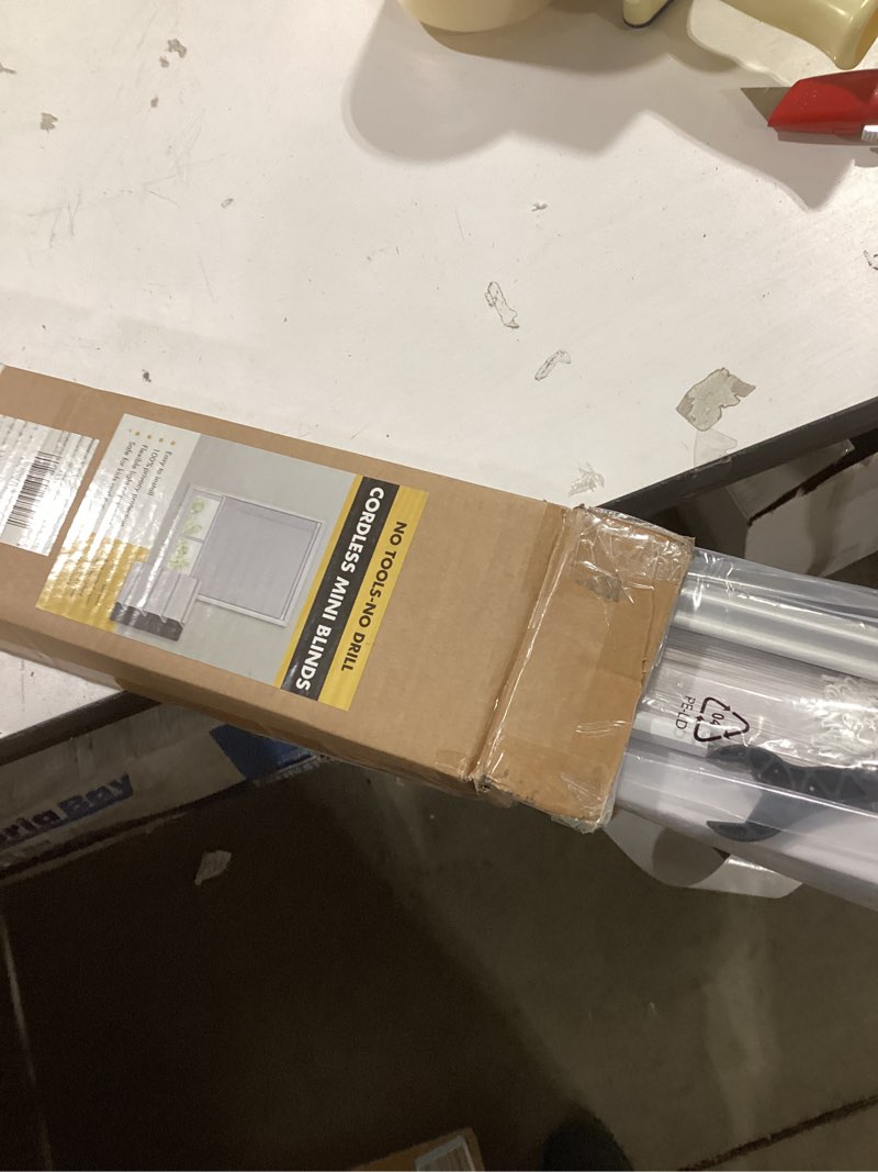 Condition photo showing Good Condition for No Drill Blinds for Windows 1" Vinyl L-Shaped Slats Cordless Mini Blinds for Home, for Window Size 46" W × 48" H White White 46" W × 48" H