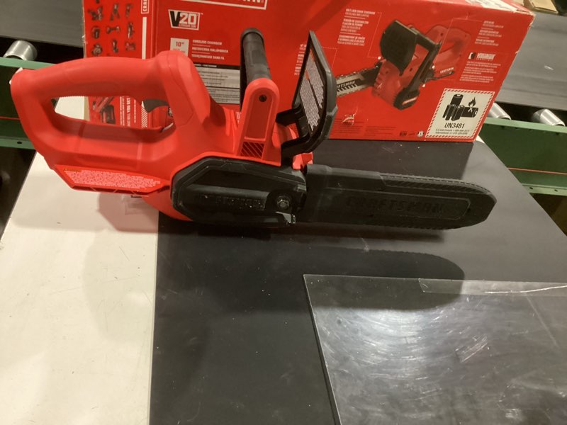 Condition photo showing As Is for **no battery or charger in box** craftsman mini chainsaw, 10 inch mini chainsaw cordless, electric chain saw, v20 battery and charger included, handheld tree trimmer wood cutter (cmccs610d1) w/ cordless starter kit chainsaw