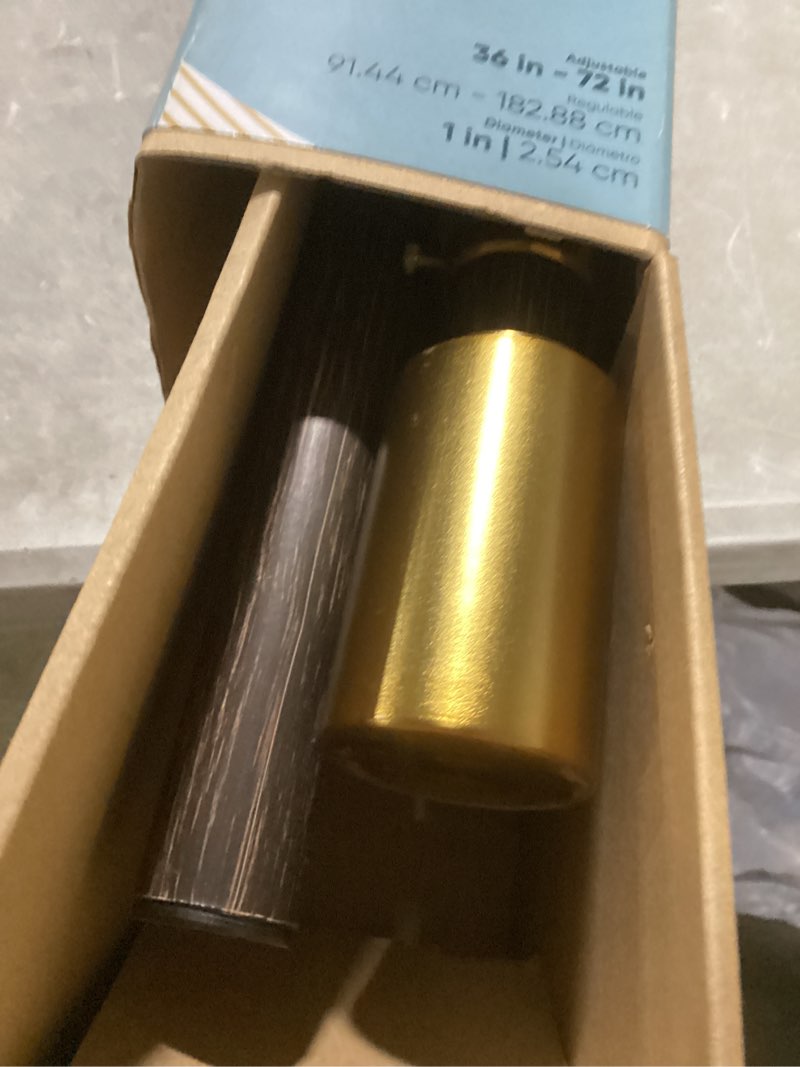 Condition photo showing As Is for origin 21 36-in to 72-in wood and gold iron single curtain rod with finials