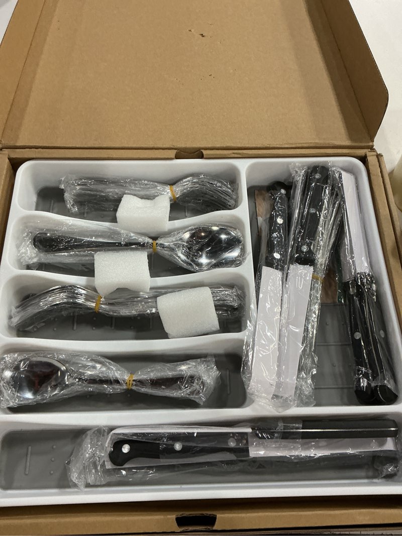 Condition photo showing New/Like New for 49-piece silverware set with organizer, stainless steel flatware utensils set for 8, forks and spoons silverware set cutlery set with steak knives, dishwasher safe 49pcs silver with organizer