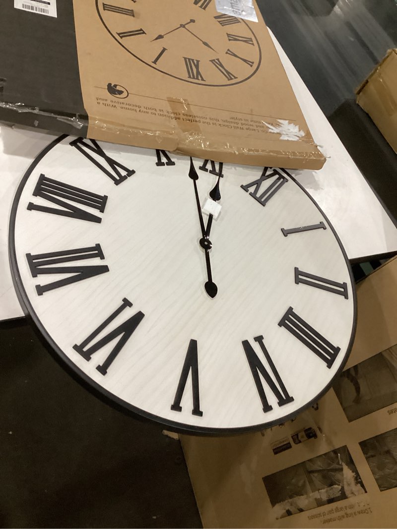 Condition photo showing Good Condition for large wall clock 24" round - silent metal & wood large farmhouse wall clock for living room decor with 3d roman numerals - no ticking - noiseless big wood decorative clocks for living room decor 24-inch white