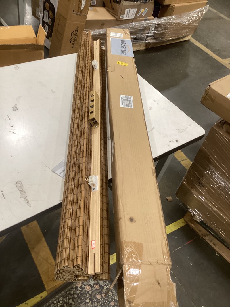 Condition photo showing Good Condition for lazblinds cordless bamboo roman shades, privacy blinds for interior windows, room darkening roll up bamboo blinds for home & patio, 46.5" w x 48" h, highfield teak pricacy - highfield teak 46 1/2" w x 48" h