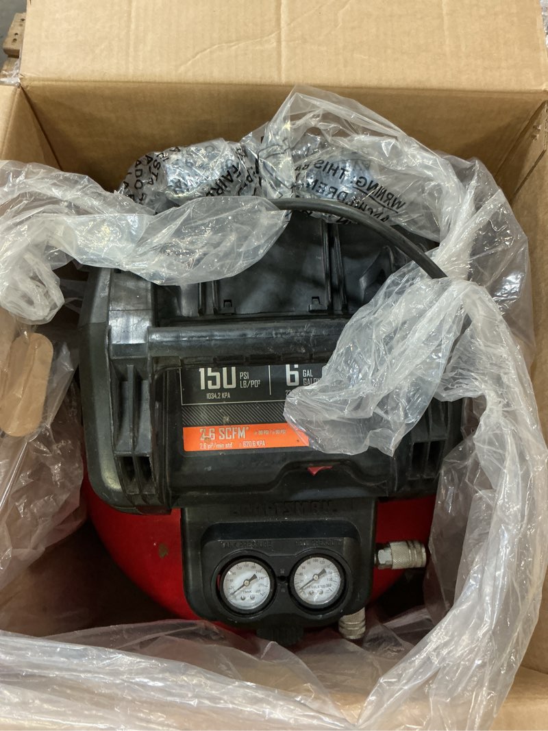 Condition photo showing As Is for craftsman 6-gallon portable electric 150 psi pancake air compressor
