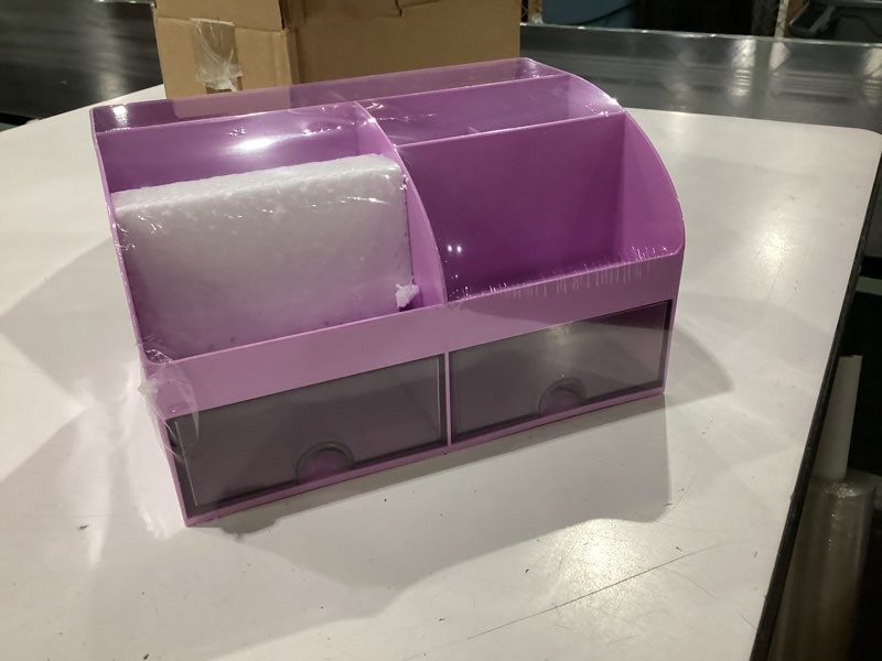 Condition photo showing New/Like New for makeup organizer with drawers, cosmetic storage for dresser vanity and bathroom countertop, beauty holder for lipstick brush, skincare organizer for vanity, cosmetic display case (purple)