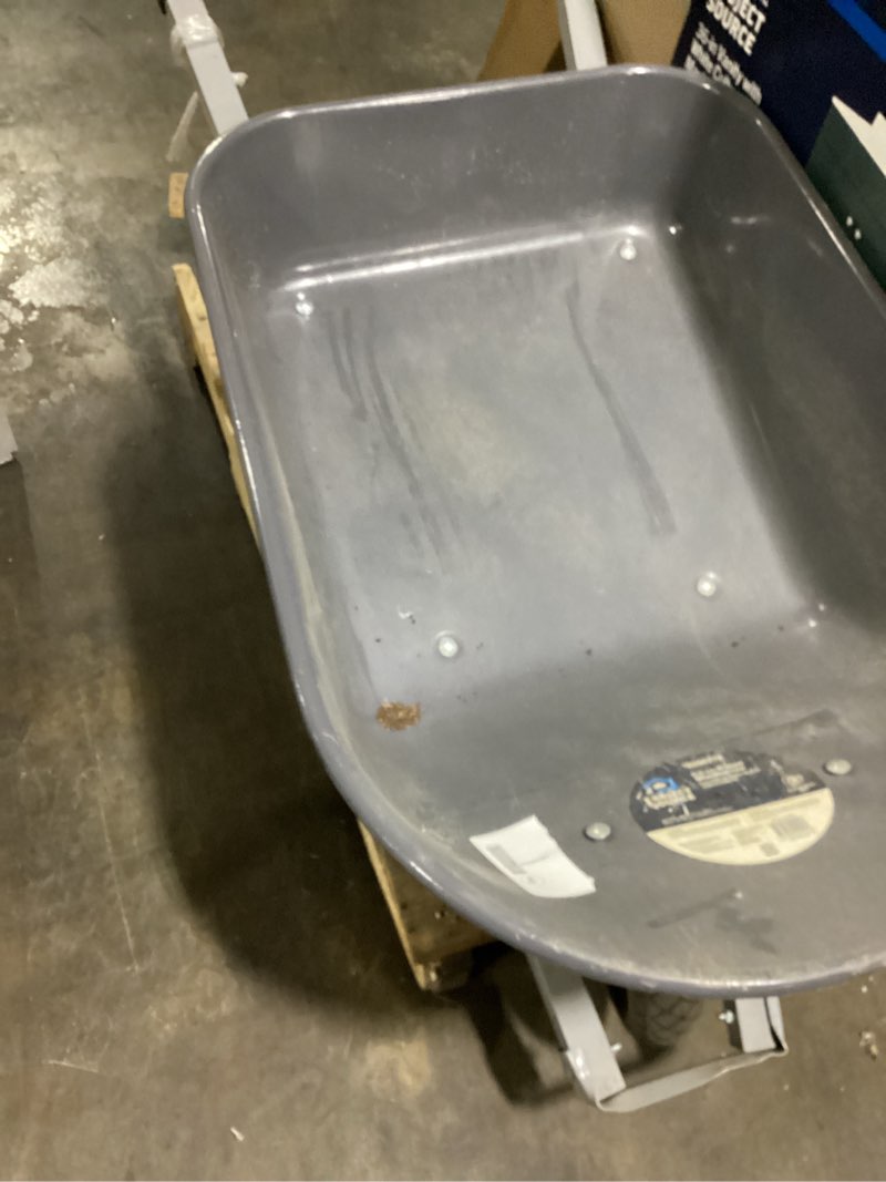 Condition photo showing As Is for corona tools wheelbarrow in a box – 5 cubic foot heavy duty garden cart with 15” flat-free tire for gardening, planting & outdoor use