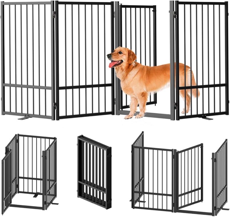 Lezbanz Full Metal Freestanding Dog Gates with Door, 32" Height Dog Fences for Indoor & Outdoor, Ext