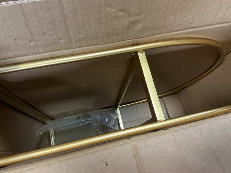 Condition photo showing Good Condition for crofy gold arched frame wall shelf, decorative 2 tier bathroom wall shelf with transparent tempered glass shelves and robust storage capacity, 6" d x 17.9" w x 19.18" h gold frame & transparent shelf 2 tier