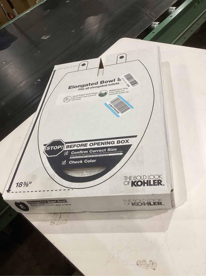 Condition photo showing New/Like New for KOHLER 4636-RL-0 Cachet ReadyLatch Elongated Toilet Seat Slow Close, Soft Close Toilet Seat Quiet Lid, Contoured Grip-Tight Bumpers Installation Hardware, Apartment Essentials, White White Elongated Ready Latch