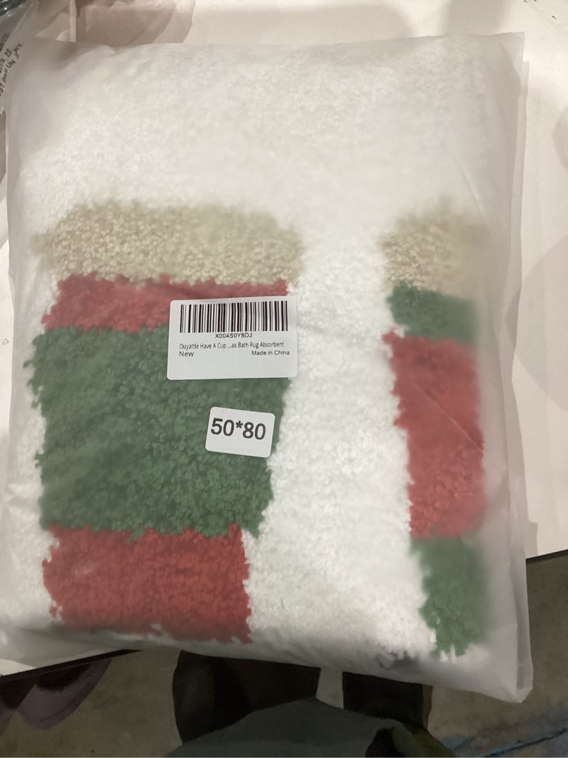 Condition photo showing New/Like New for Have A Cup of Cheers Christmas Bath Mat for Bathroom Gifts Decorations 20’’W x 32’’L Winter Holiday Seasonal Xmas Bathroom Mat Non Slip Washable, Cute Fun Unique Christmas Bath Rug Absorbent 20'W x 32''L White