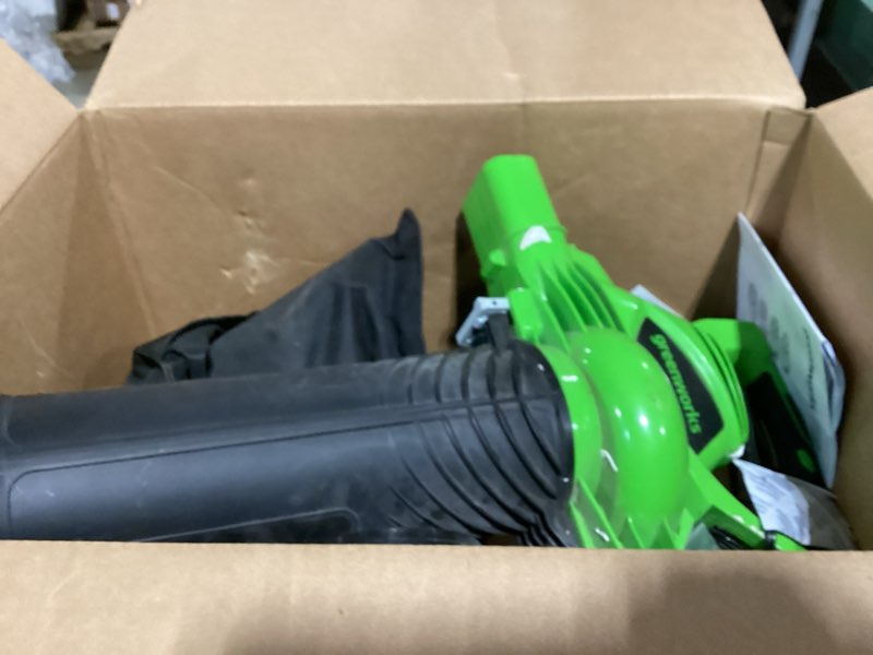 Condition photo showing As Is for greenworks 40v (185 mph / 340 cfm) cordless brushless leaf blower/vacuum with bag, battery-powered, ergonomic design for efficient leaf & grass clipping cleanup, includes 4.0ah battery & charger blower / vac (4.0ah) gen 1