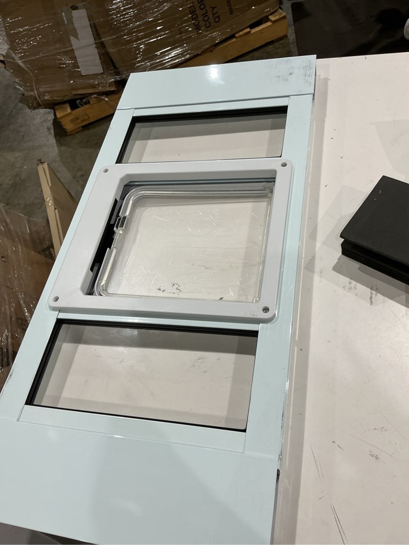 Condition photo showing As Is for aluminum cat door for windows, adjustable to fit window widths from 24 to 28 inches, quick-fit cat door window insert, magnetic suction design