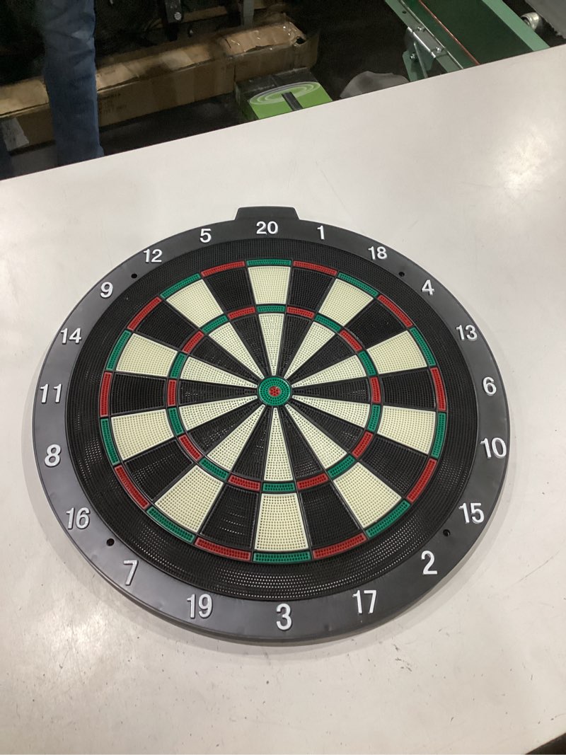 Condition photo showing Good Condition for 18 inch soft tip dart board for adults, staple-free plastic surface with 6 aluminum darts & 20 extra tips, indoor/outdoor game room bar dartboard set