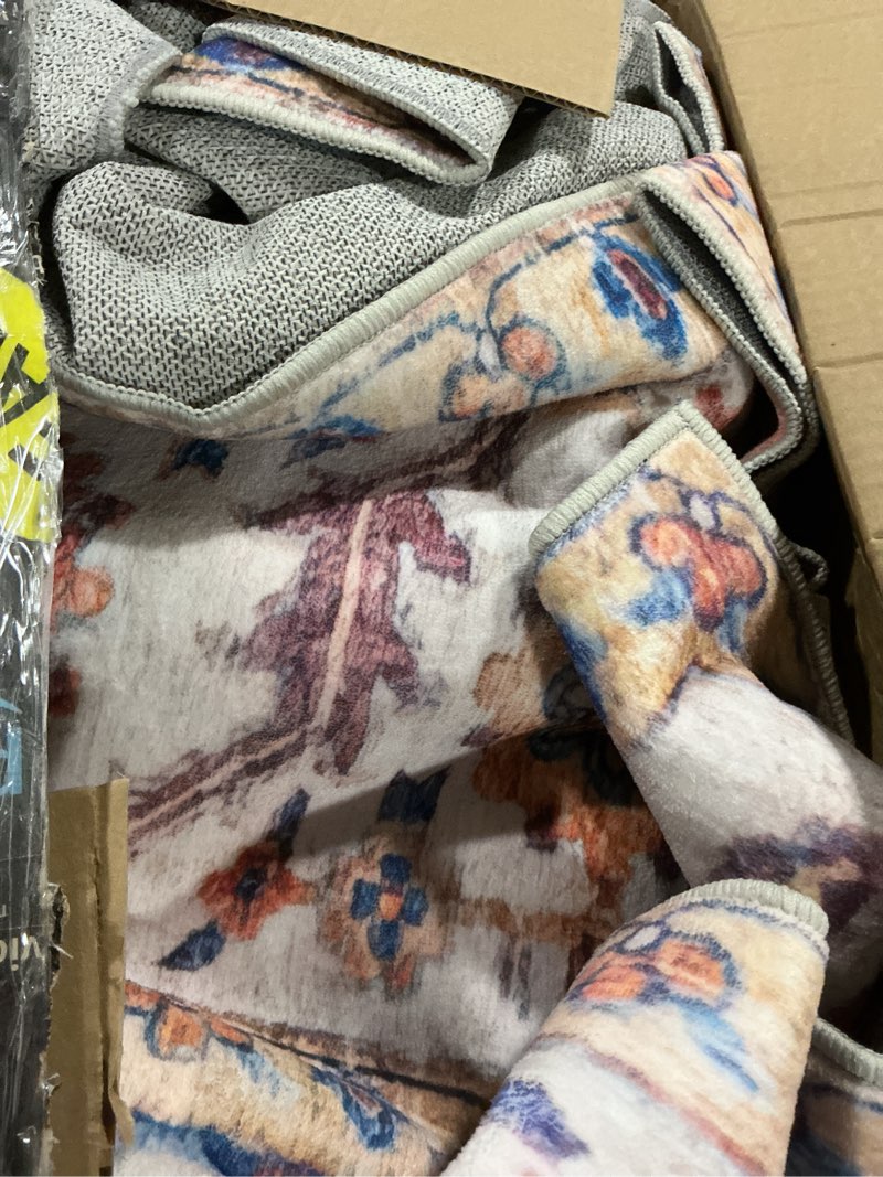 Condition photo showing As Is for Washable Area Rugs 8x10, Vintage Rugs for Living Room Bedroom, Abstract Indoor Low Pile Non Slip Boho Carpet for Dinning Room, Blue Brick Red Blue Brick Red 8' x 10' (Rectangular)