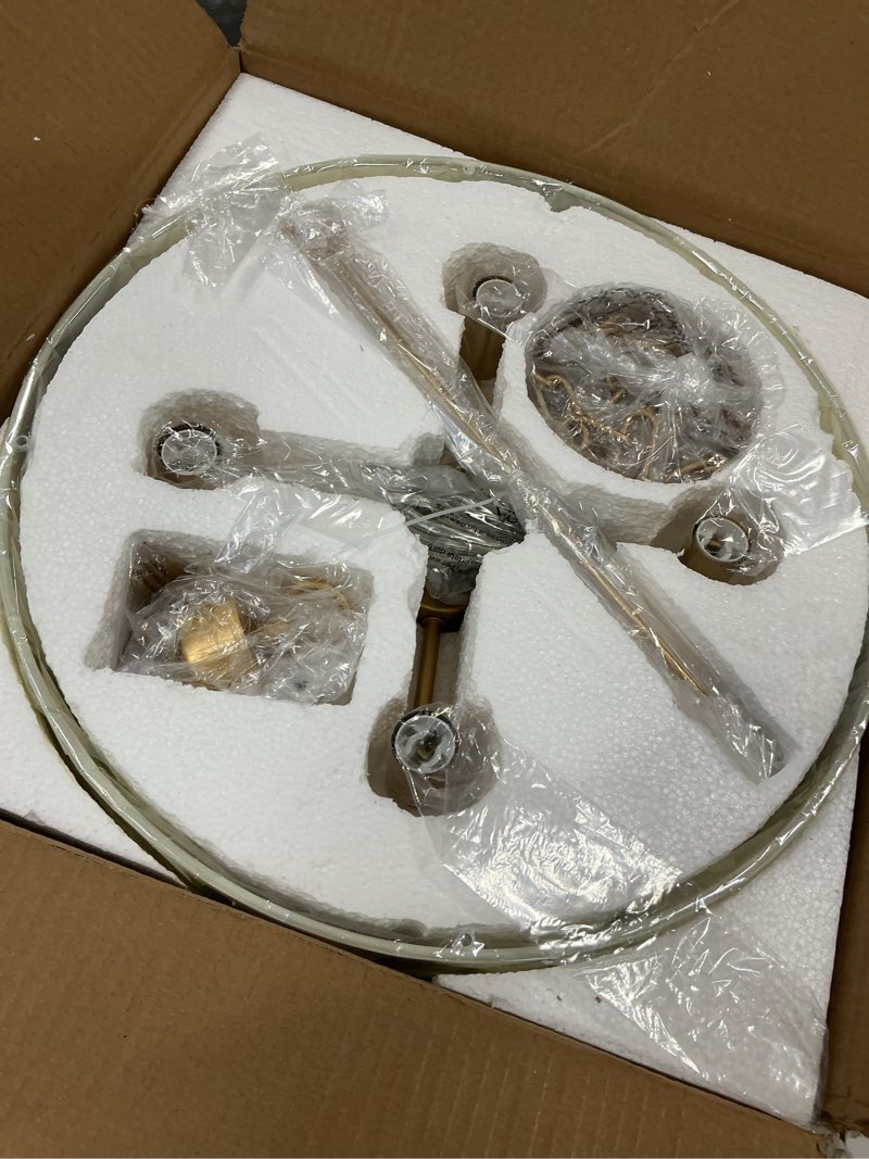 Condition photo showing Good Condition for 4-Light Rustic Drum Chandelier for Foyer, Gold Pendant Light Fixture with Fabric Shade, Modern Farmhouse Chandelier for Dining Room Entryway Bedroom