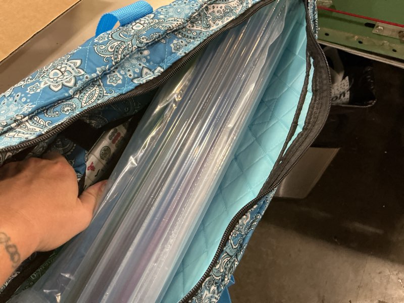 Condition photo showing New/Like New for american mahjong game set, 166 quality white tiles, 4 all-in-one color rack/pushers, mahjong tile set with light blue printed carrying bag