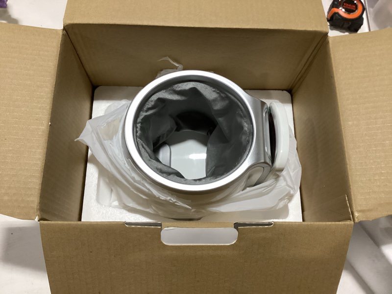 Condition photo showing As Is for upper arm blood pressure monitor for home use, large backlit lcd, automatic cuff expands to 7.1"-16.5", one-touch barrel-type blood pressure monitors, dual user 99x2 memory, white
