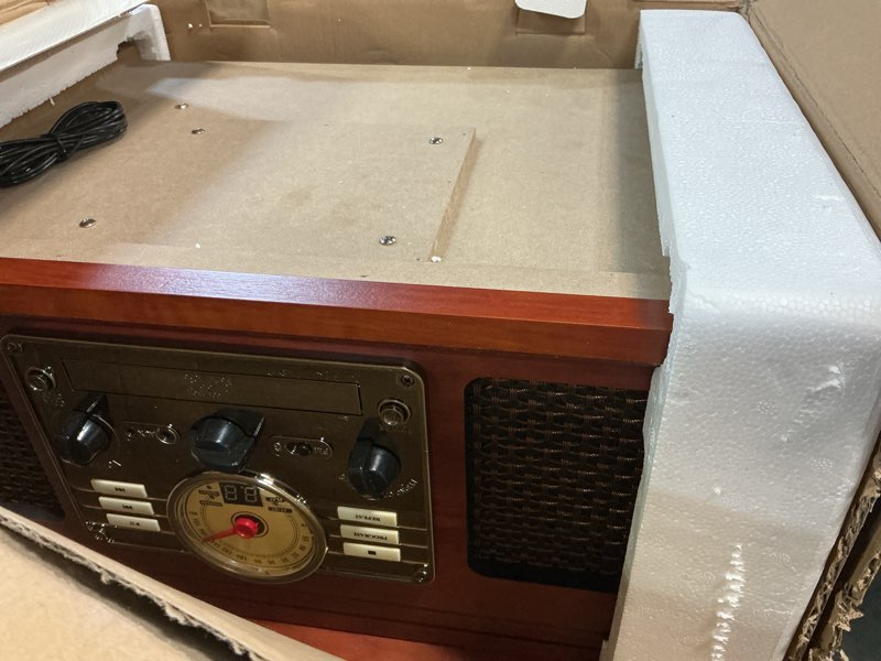 Condition photo showing Good Condition for victrola the quincy 6-in-1 bluetooth record player & multimedia center with built-in speakers – 3-speed turntable, cd & cassette player, fm radio, wireless music streaming (mahogony) mahogany record player