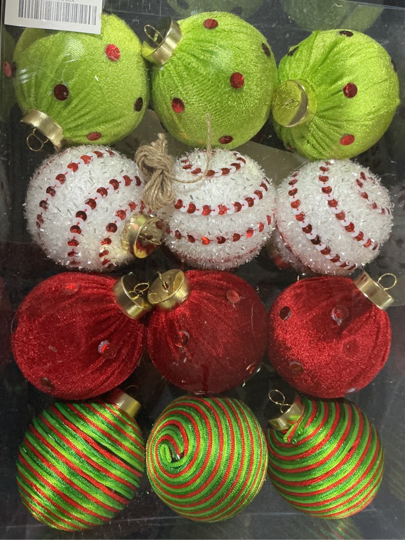 Condition photo showing New/Like New for 12PCS Christmas Ornaments Balls, 3.15" Red Green Velvet Shatterproof Christmas Tree Decorations with Sparkling Stripes and Dots, Holiday Party Decorative Hanging Baubles