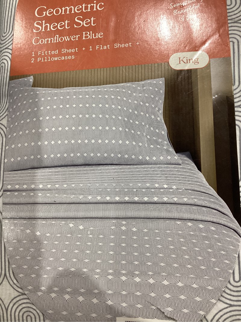 Condition photo showing As Is for beautiful geometric 4-piece 100% cotton washed percale cornflower blue sheet set, king by drew barrymore