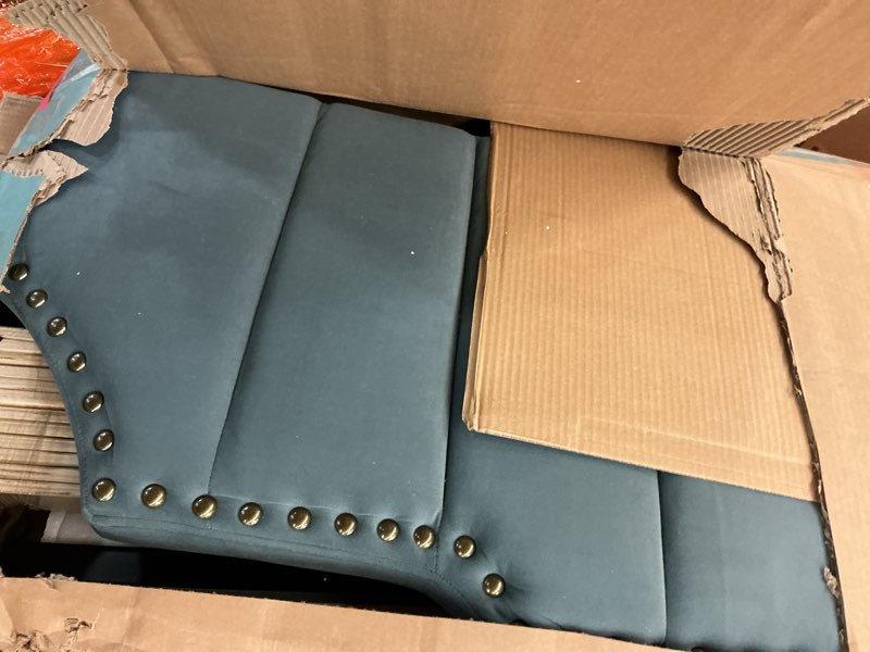 Condition photo showing As Is for garveehome queen size platform bed frame with 50.2 in headboard, velvet upholstered bed frame with vertical channel tufted headboard & footboard, nailhead trim, no box spring needed,