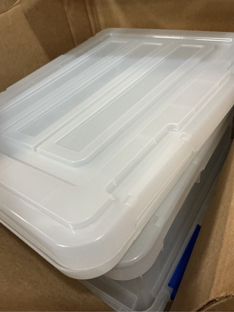 Condition photo showing As Is for IRIS USA File Box, WeatherPro File Organizer for Letter/Legal File, Water Resistant Document Box, Plastic Gasket File Box With Tight Latch and Seal, Stackable Nestable, Clear/Blue 32 Qt. 2 Pack WeatherPro (Blue) - 2Pack