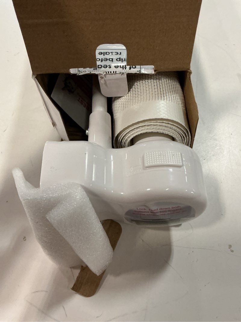 Condition photo showing As Is for weatherproof outdoor retractable baby gates for decks, 55" wide waterproof retractable dog gate with no rust screws and rods, scratch-resistant mesh outdoor baby gate/fence/barrier/screen, white white 35" x 55"