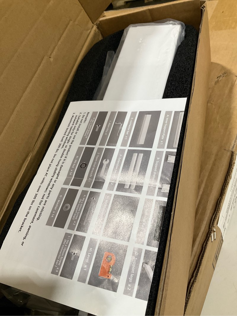 Condition photo showing Good Condition for window ac support bracket, no-drill no-tool air conditioner support bracket adjustable wall mount, heavy duty steel holds up to 300lbs, fits single or double hung windows, white