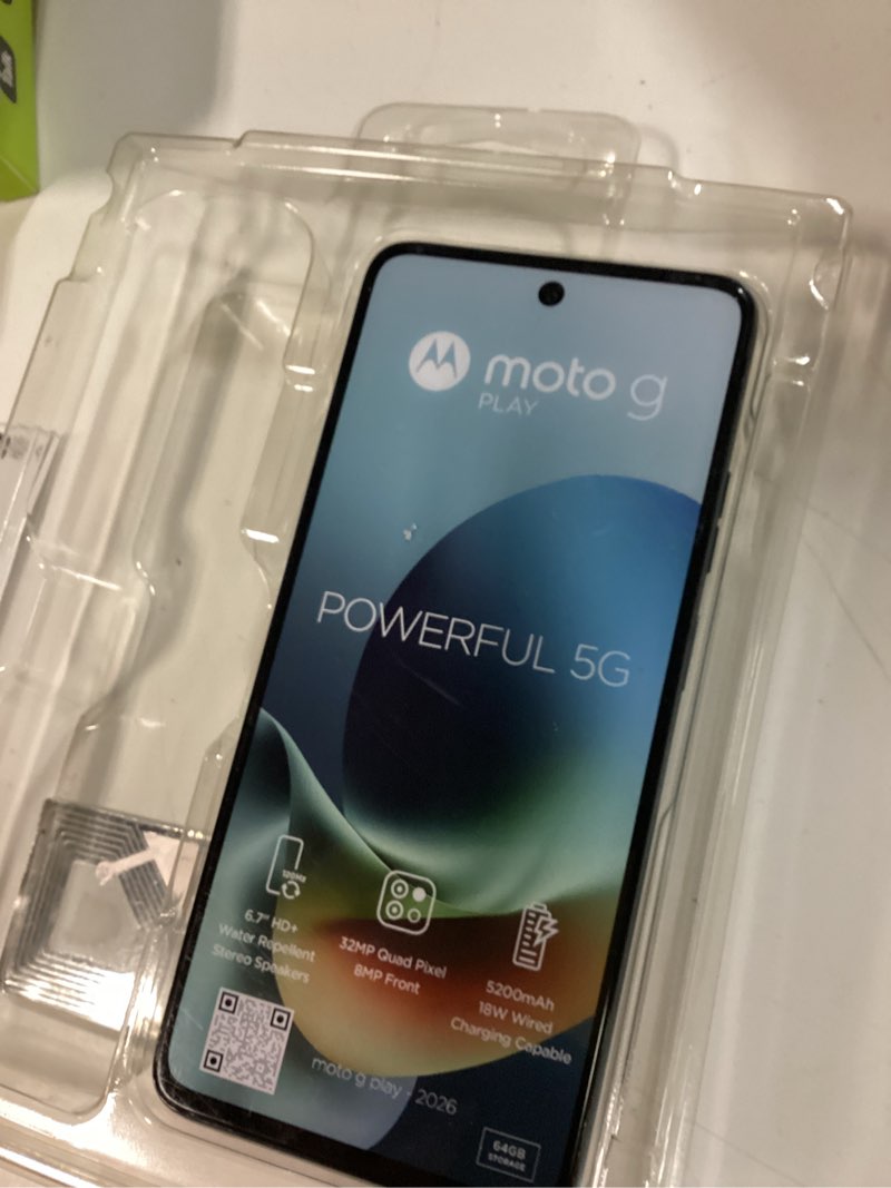 Condition photo showing As Is for walmart family mobile moto g play 2024, 64gb, 4g, blue - prepaid smartphone [locked to walmart family mobile].   *** working condition verified. no network or connectivity tests were performed. bidder be advised ***