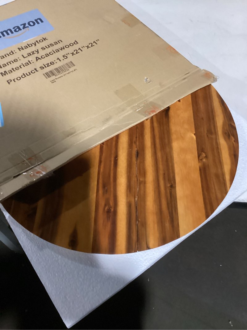 Condition photo showing As Is for 21" Acacia Wood Turntable Organizer | Lazy Susan for Table Top, Cabinet or Pantry | Wooden Rotating Tray for Kitchen Countertop, Durable, Easy to Clean, No Assembly Needed