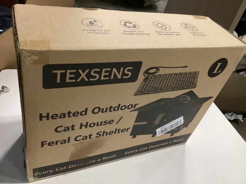 Condition photo showing item condition for Texsens Heated Cat House for Outside - Weatherproof Large Outdoor Cat Shelter with Roof Window- Insulated Elevated House for Stray/Barn Cats with Cozy Cushion - Ideal Waterproof Feral Cat House
